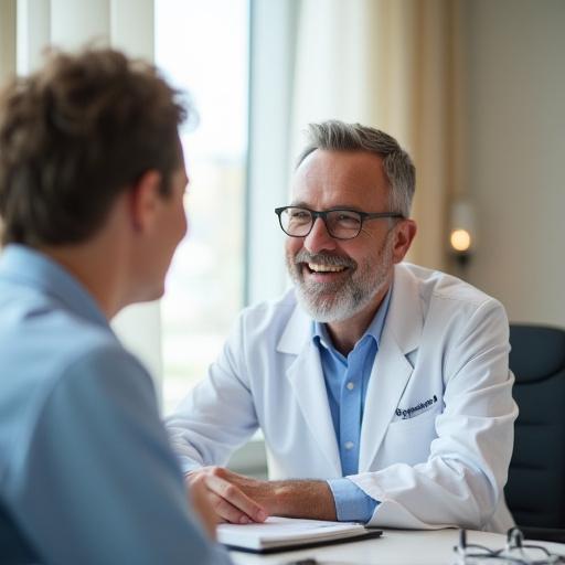 친절한 안경사가 고객과 상담하는 모습.